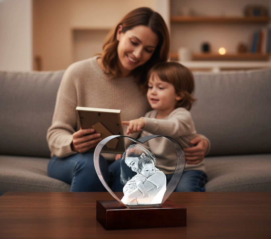 Krystallhjerte 3D – Perfekt morsdagsgave (10 × 9 × 5 cm)