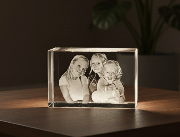Krystall kube med 3D bilde