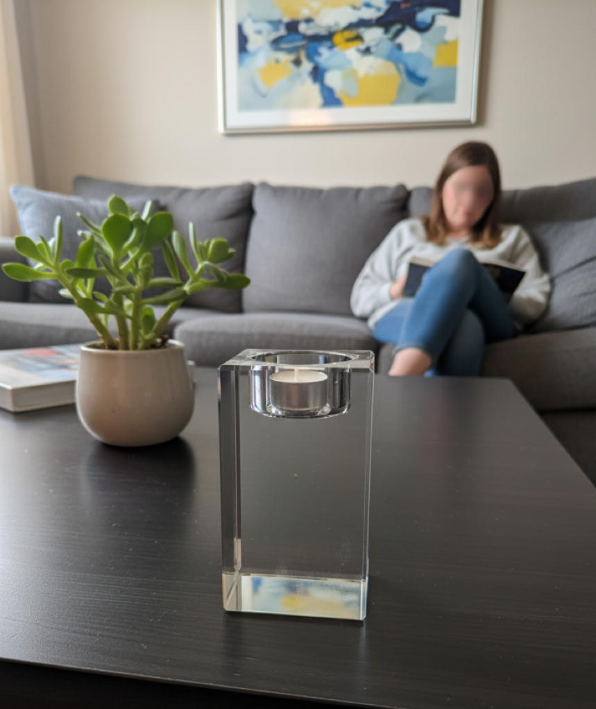Krystall telys med bilde og tekst
